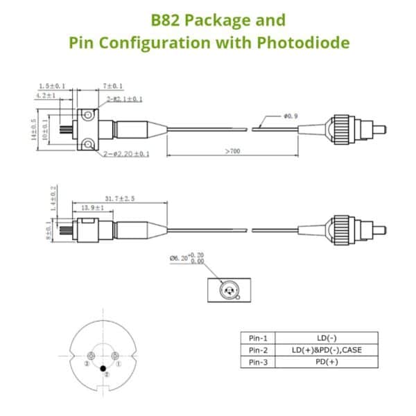 400nm 30mW coaxial fiber-coupled laser diode dimensions