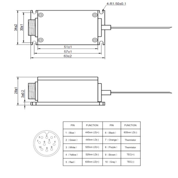 Triplex RGB White Laser Diode Module Mechanical Pinout