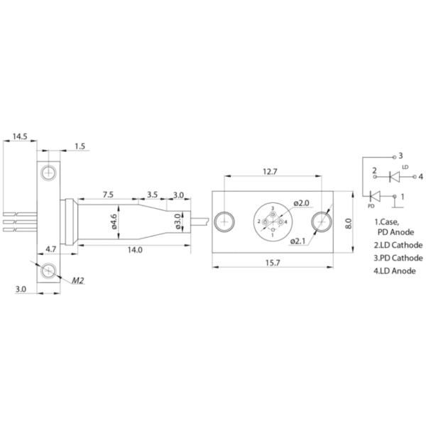 1331nm, 15mW, 10G DFB Laser Diode Pinout