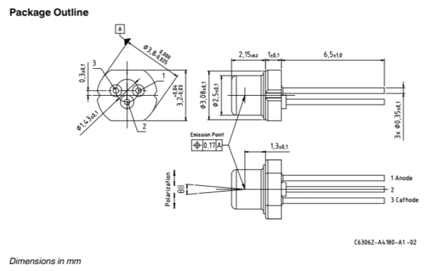 Green Laser Diode by OSRAM - 520nm Single Mode 80mW Package Outline